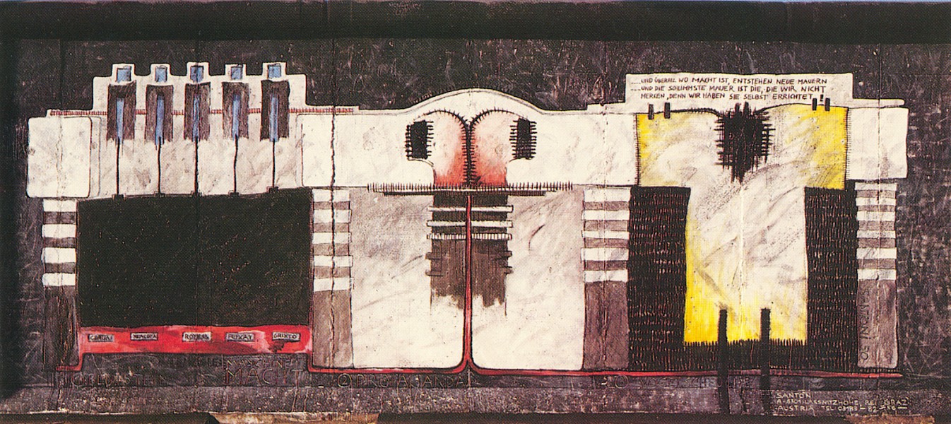 East Side Gallery: Siegfried Santoni, Maschine – Mensch, 1990 © Stiftung Berliner Mauer, Postkarte