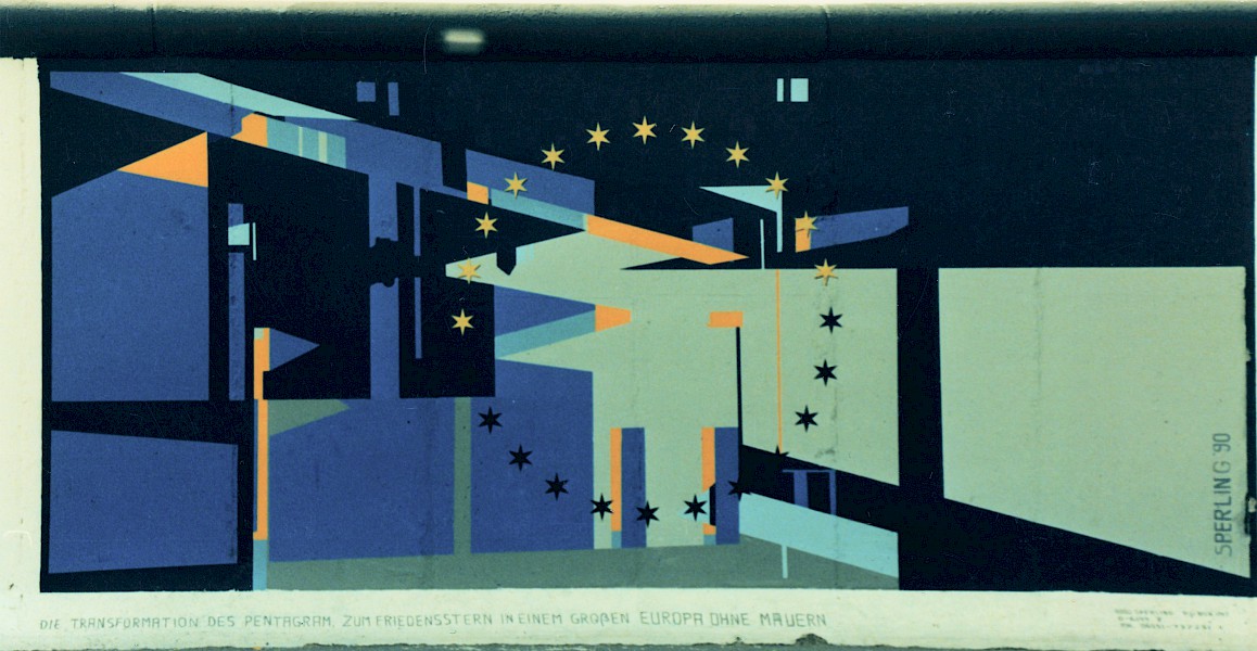 East Side Gallery: Bodo Sperling, Die Transformation des Pentagram zum Friedensstern in einem großen Europa ohne Mauern, 1990 © Stiftung Berliner Mauer, Postkarte