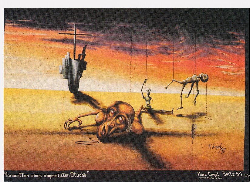 East Side Gallery: Marc Engel, Marionetten eines abgesetzten Stücks, 1990 © Stiftung Berliner Mauer, Postkarte