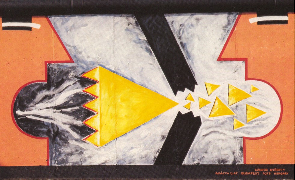 East Side Gallery: Sándor Györffy, Mauerdurchbruch, 1990 © Stiftung Berliner Mauer, Postkarte